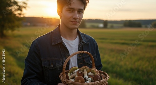 Young Man with Basket of Mushrooms (Photo)
