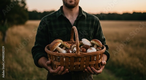 Forager with Basket of Mushrooms - Photo