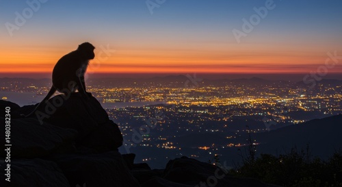 Monkey Silhouetted Against Cityscape at Dusk - Photo