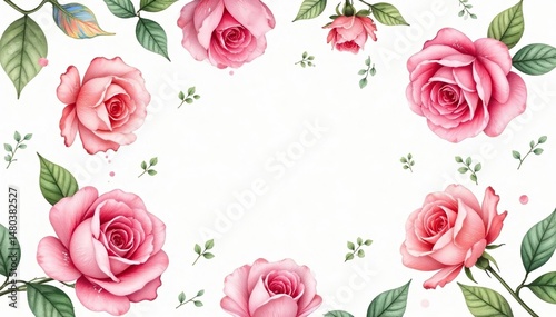 Delicate watercolor roses & leaves, repeating pattern, red, elegant
