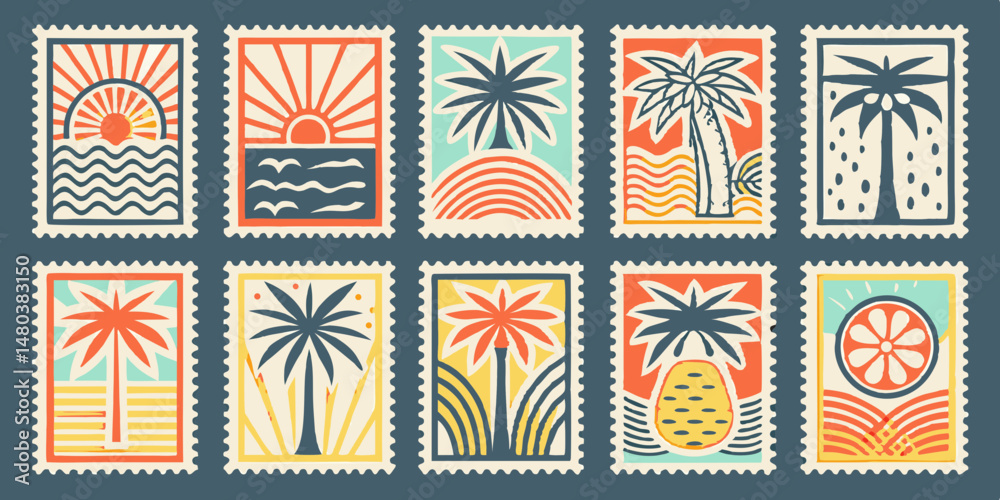 Colorful summer postage stamps, tropical vacation icons	