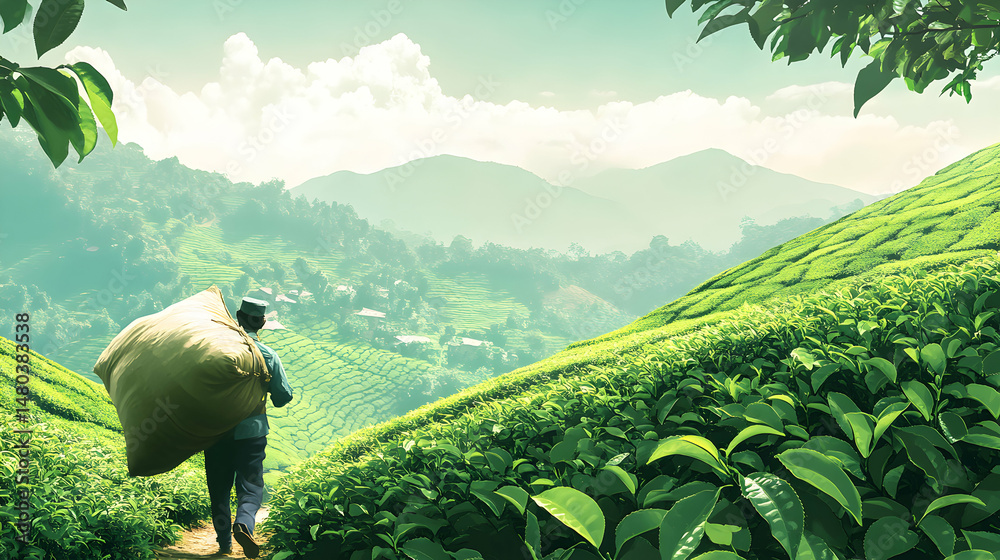 Fototapeta premium Person carries a large sack through a tea plantation with rolling hills in background.