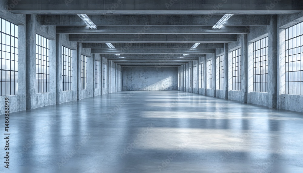 Empty, modern industrial space interior, illuminated by natural light. Empty, modern industrial space interior, illuminated by natural light.