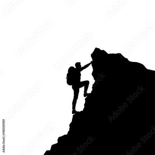 Silhouette of a man with a backpack climbing a rock formation against a white background outdoors