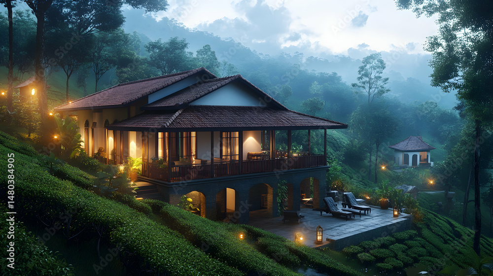 Obraz premium A wooden house sits on a hillside surrounded by lush green vegetation and trees.