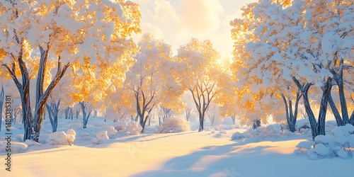 Tranquil winter scene featuring snow-laden trees under a warm sunrise glow
sunrise in the mountains