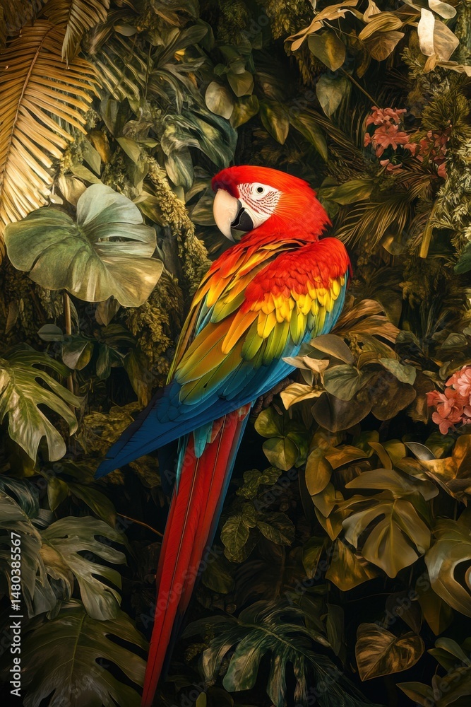 Fototapeta premium A vibrant scarlet macaw perched amidst lush tropical foliage, showcasing its stunning colors and grace.