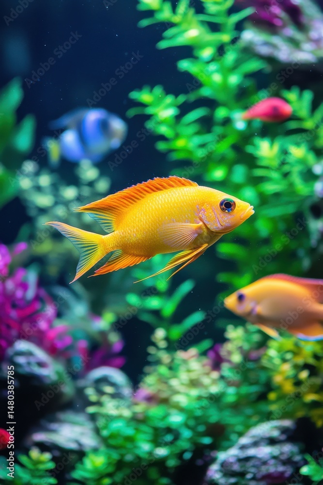 Naklejka premium Vibrant orange cichlid fish swimming amidst colorful aquarium plants and fish.