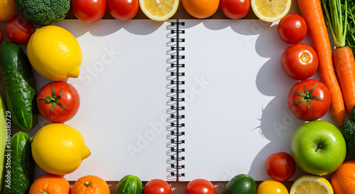 Healthy Eating Recipe Notebook Surrounded by Fresh Fruits and Vegetables