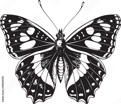 Purple emperor butterfly, Types of Butterflies, Black and White Vector Illustration, Sketch Drawing Line Linear Symbol Icon Engraving, Hand-drawn Isolated