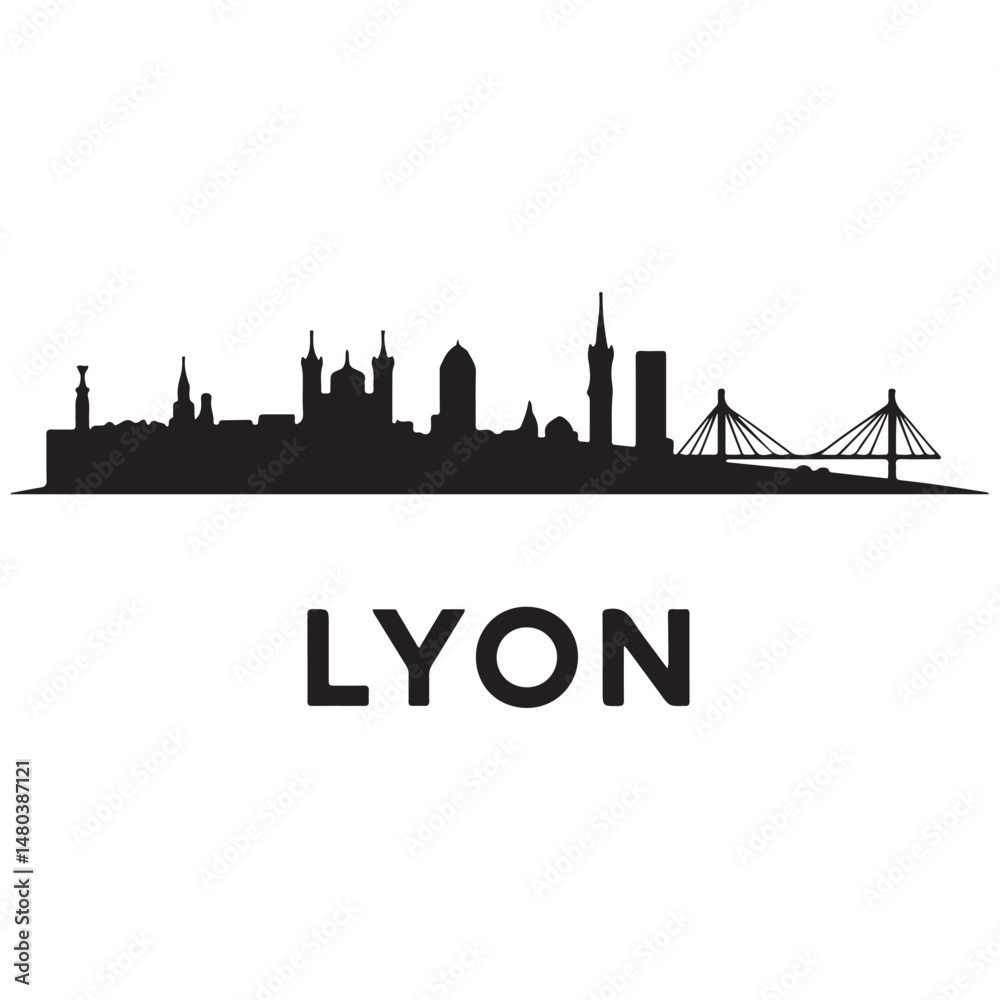 Naklejka premium Vector Lyon skyline. Travel Lyon famous landmarks. Business and tourism concept for presentation, banner, web site. Vector black silhouette. with white background