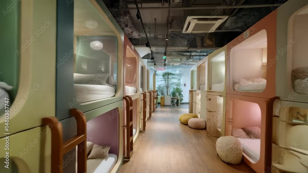 Stylish interior design with stacked sleeping pods in shared hostel or modern minimalist hotel room with pastel color scheme and wood floors. Stylish interior design with stacked sleeping pods in shared hostel or modern minimalist hotel room with pastel color scheme and wood floors.
