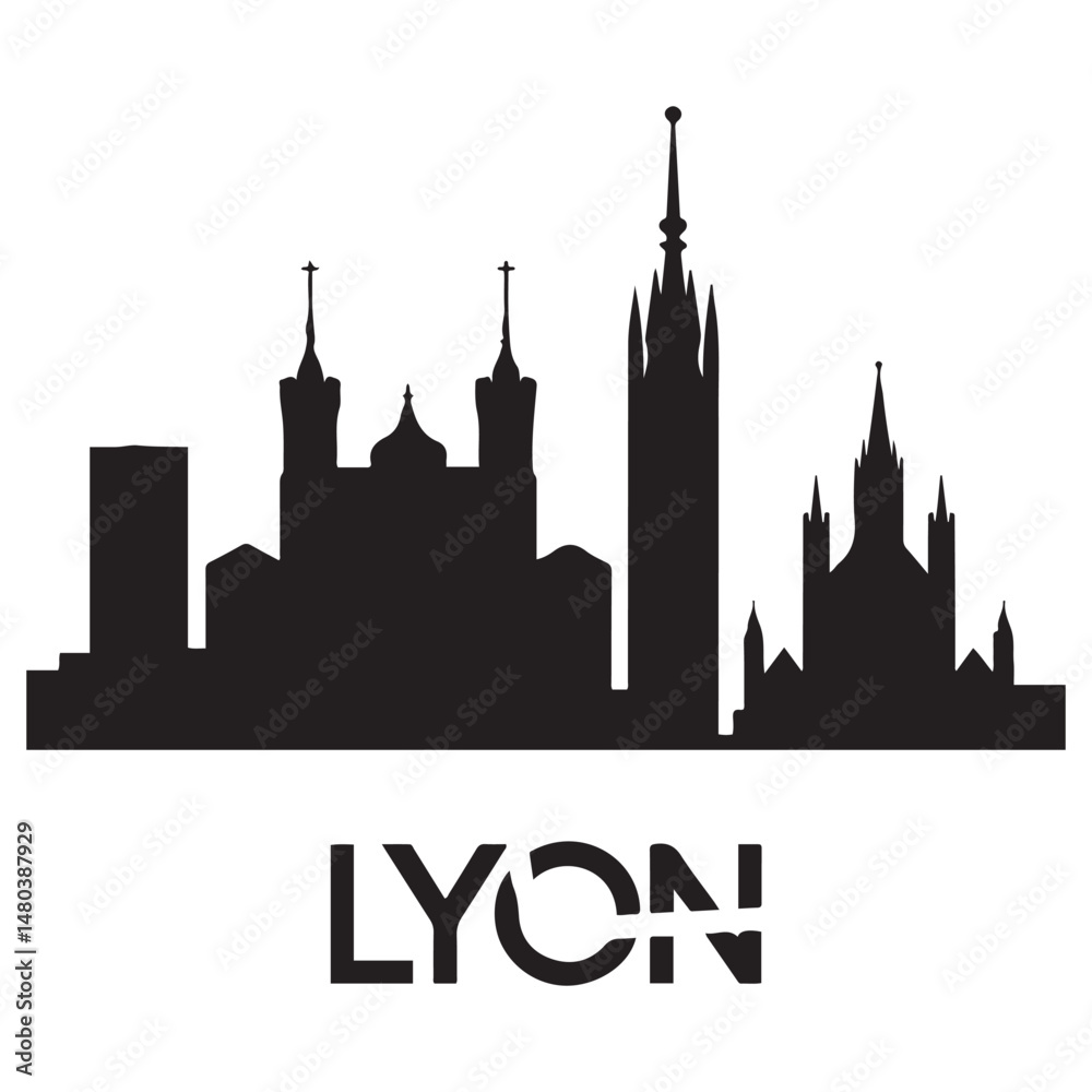 Fototapeta premium Vector Lyon skyline. Travel Lyon famous landmarks. Business and tourism concept for presentation, banner, web site. Vector black silhouette. with white background
