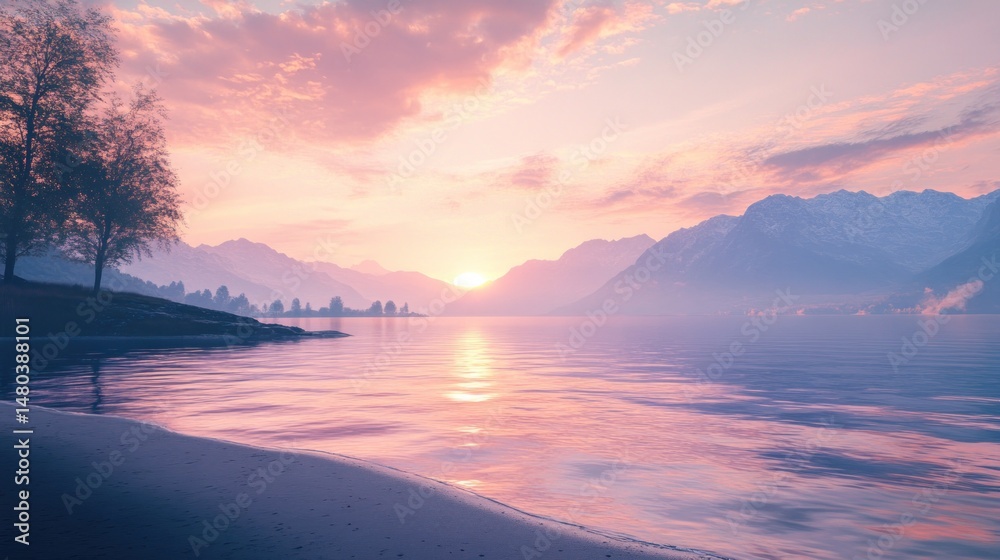Fototapeta premium Tranquil lakeside scenery with mountains reflected in the water at sunset