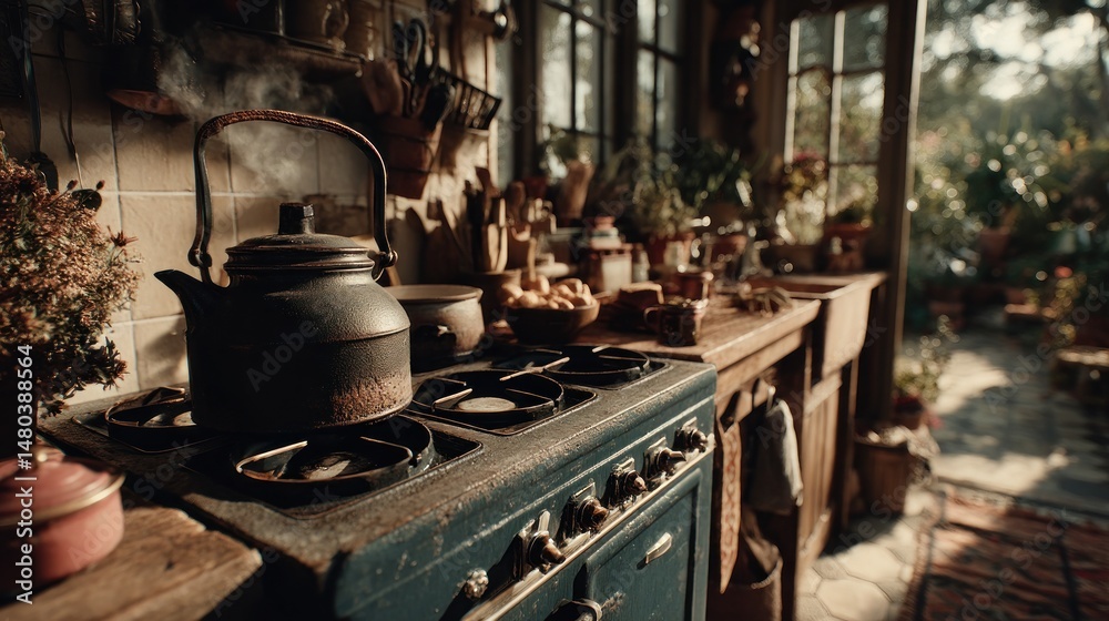 Rustic kitchen scene with antique stove and kettle Rustic kitchen scene with antique stove and kettle