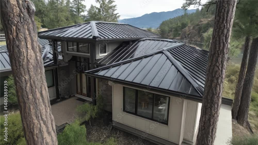 custom made wallpaper toronto digitalContemporary home exterior featuring a dark metal roof with scenic backdrop of water, forest, and distant mountains on an overcast day.