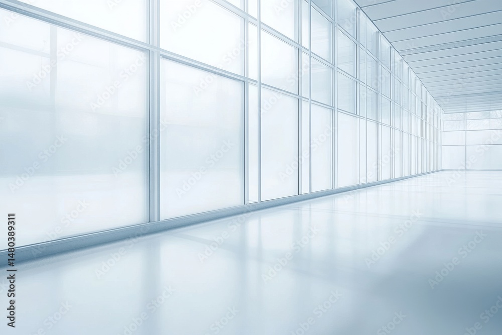 Fototapeta premium A spacious, minimalist interior featuring large frosted windows and a pristine, reflective floor.