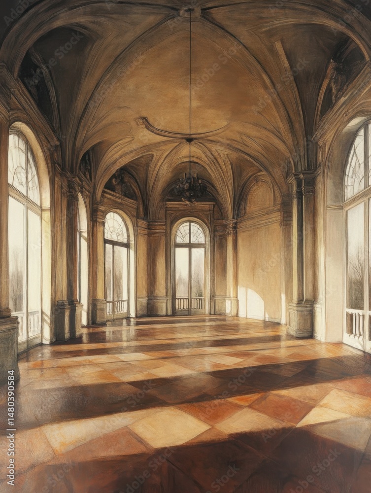 Obraz premium Empty ballroom interior with arched ceiling and checkered floor casting shadows from windows in a grand hall