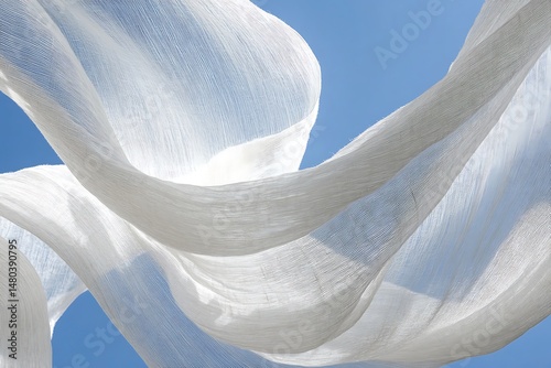 White fabric billowing in the wind against a blue sky