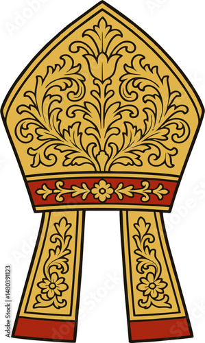 Flat Vector Illustration of a Gold and Red Papal Mitre with Floral Ornament – Clean Outlines and Solid Colors