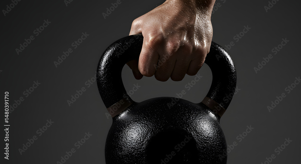 Fototapeta premium Close-up of a strong hand gripping a black kettlebell, showcasing the texture and sheen of the surface, emphasizing strength and fitness in a dramatic lighting setup