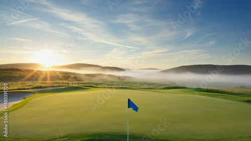 Drone flight over golf putting green surrounded by foggy mountains under a blue sky