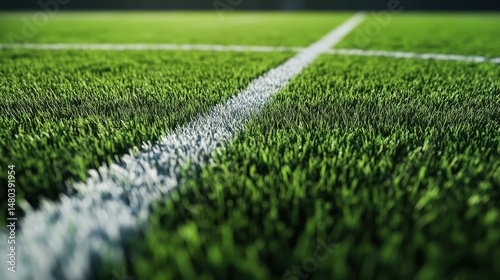 Freshly mowed green grass on a sports field with crisp white lines marking the boundaries.