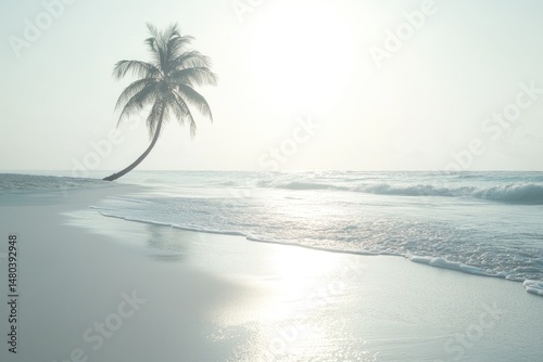 Serene sunrise on a tropical beach, lone palm tree silhouetted against the bright light
