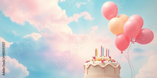 Pastel watercolor sky, floating balloons, whimsical cake, serene joyful birthday scene, pastel, joyful