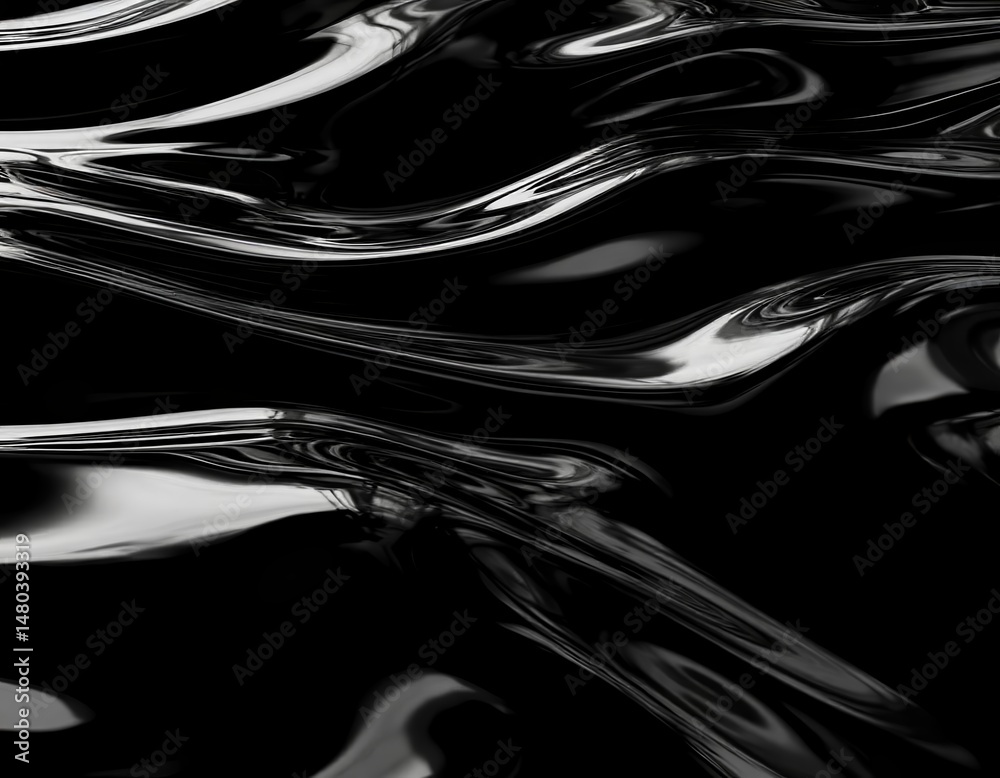 Obraz premium Black glossy liquid in motion with sharp abstract reflections.