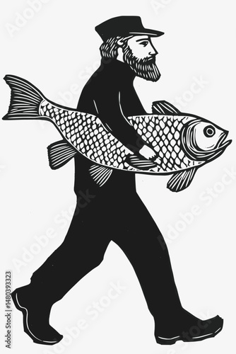 Fisherman Carrying a Giant Fish Illustration