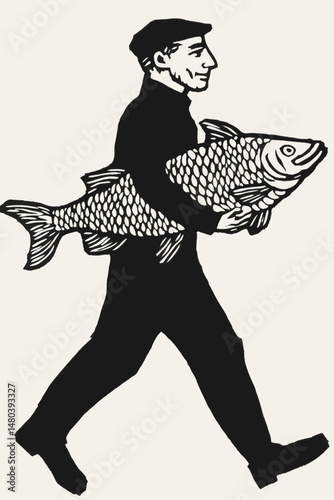 Fisherman Carrying a Giant Fish Illustration