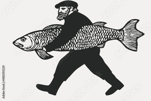 Fisherman Carrying a Giant Fish Illustration