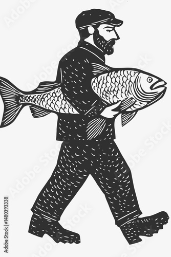Fisherman Carrying a Giant Fish Illustration