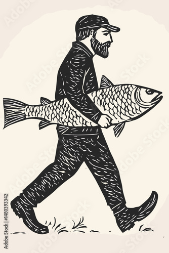 Fisherman Carrying a Giant Fish Illustration