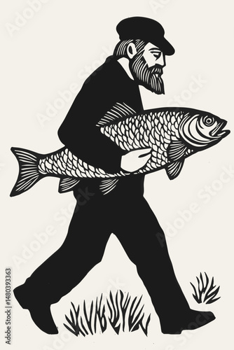 Fisherman Carrying a Giant Fish Illustration