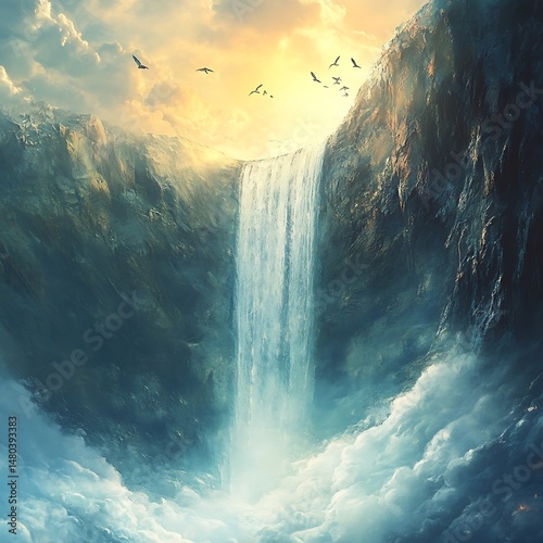 Cascade of Clouds: An ethereal waterfall cascades down a rocky cliff face, vanishing into a sea of fluffy clouds beneath a golden sky. The scene exudes a sense of wonder and tranquility.
