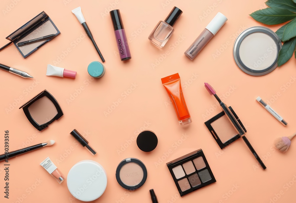 Peach background, overhead flatlay of cosmetics & makeup products Ample empty space, elegant, products shot Peach background, overhead flatlay of cosmetics & makeup products Ample empty space, elegant, products shot