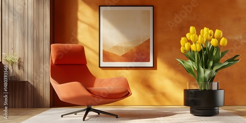 Elegant Dining Room with Rich Red and Orange Walls, Complemented by Tasteful Furnishings
modern living room with armchair