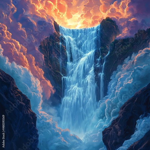 Heavenly Cascade: A celestial waterfall plunges from the heavens into a chasm, enveloped in a symphony of clouds and ethereal light.