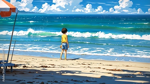 Cartoon anime style cute kid on the beach 