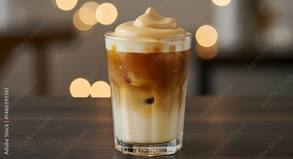 Iced Coffee With Whipped Cream And Bokeh Lights Background In Cozy Atmosphere Iced Coffee With Whipped Cream And Bokeh Lights Background In Cozy Atmosphere