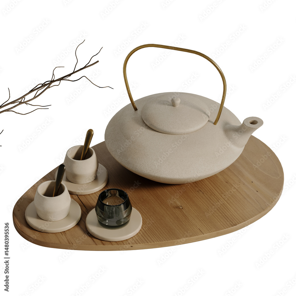 Fototapeta premium A white tea kettle sits on a wooden tray with a teacup and saucer