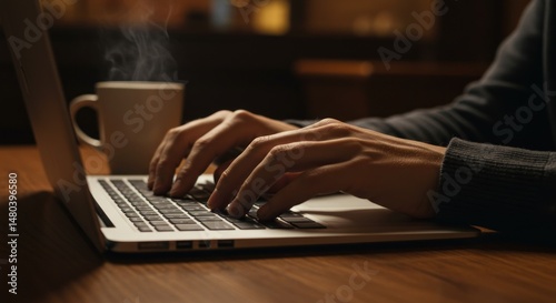 Typing on Laptop with Coffee (Photo)