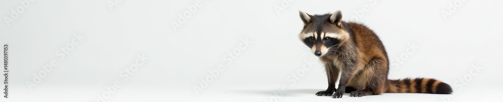 Playful raccoon with bandit mask markings sitting on a clean white surface, funny, critter, rodent