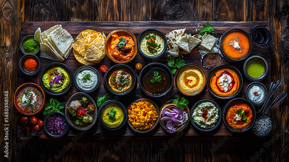 A vibrant assortment of traditional dishes arranged on a wooden table, showcasing colorful ingredients and garnishes A vibrant assortment of traditional dishes arranged on a wooden table, showcasing colorful ingredients and garnishes