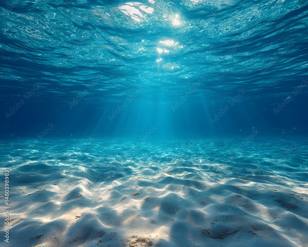 Fototapeta premium Stunning Underwater Scene Blue Ocean, Light Rays, and Sandy Seabed