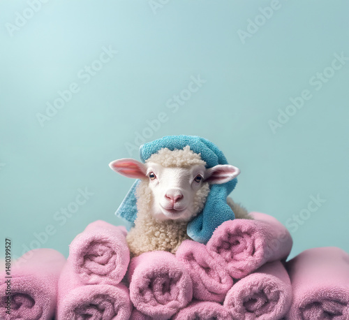 A domestic sheep lies on a row of pink rolled-up towels, wearing a terrycloth turban on its head, against a blue background.