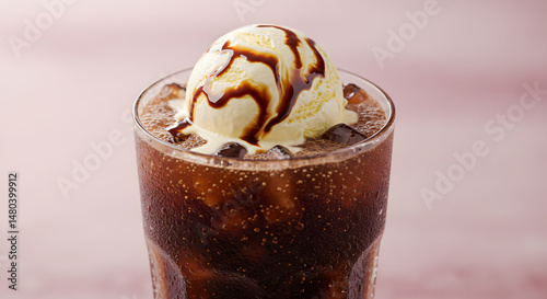 Refreshing Root Beer Float with Vanilla Ice Cream and Chocolate Syrup