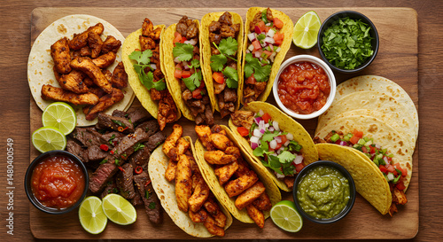 Wallpaper Mural Authentic Mexican Tacos with Various Filling and Toppings on Rustic Wooden Board Torontodigital.ca
